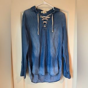 Cloth And Stone Anthropologie Women's Chambray Blue Lace Up Long Sleeve Shirt m
